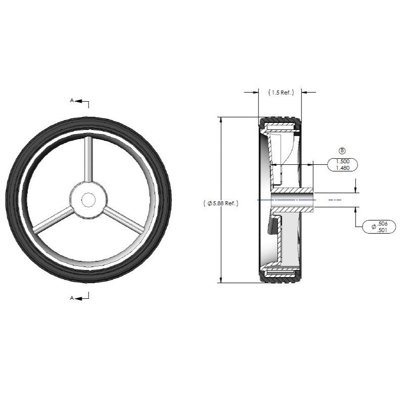 6" Wheel - 3 Spoke A Hub - Rib Tread (QTY 1)
