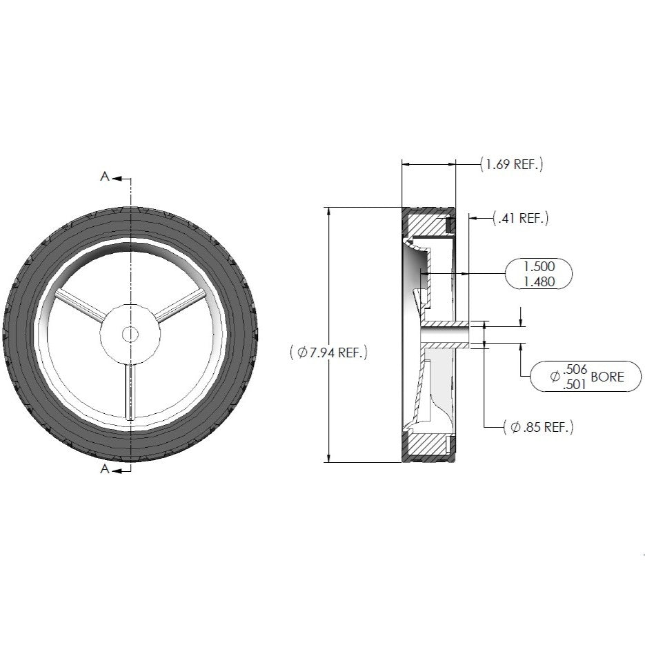 8" Wheel - 3 Spoke A Hub - Diamond Tread (QTY 1)
