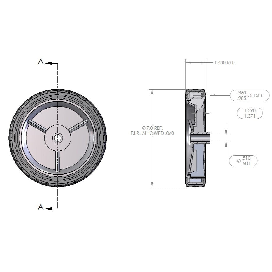 7" Wheel - 3 Spoke A Hub - Diamond Tread (QTY 1)