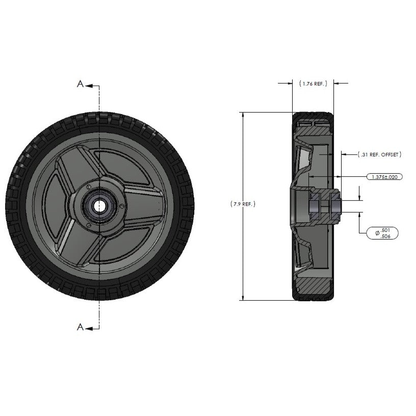 8" Wheel - Tri-Spoke Hub - Brick Tread (QTY 1)