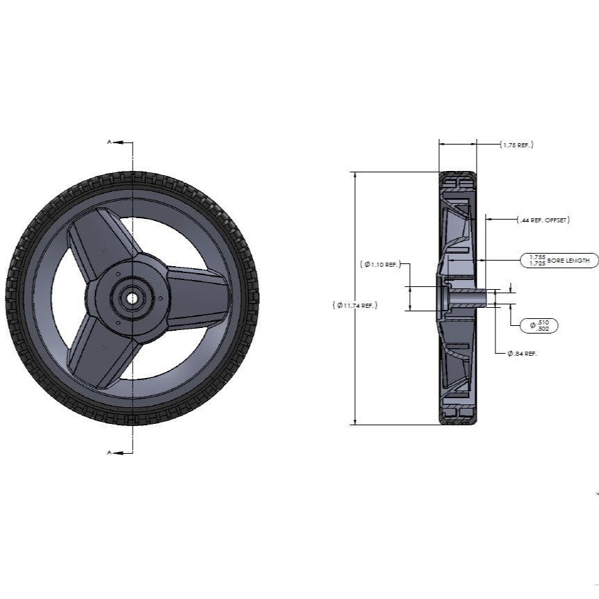 12" Wheel - Tri-Spoke Hub - Brick Tread (QTY 1)