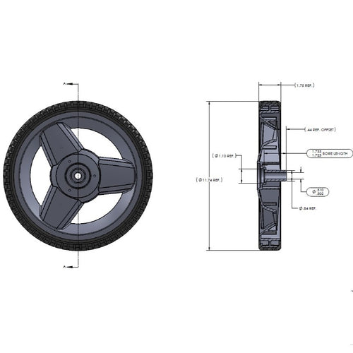 12" Wheel - Tri-Spoke Hub - Brick Tread (QTY 1)
